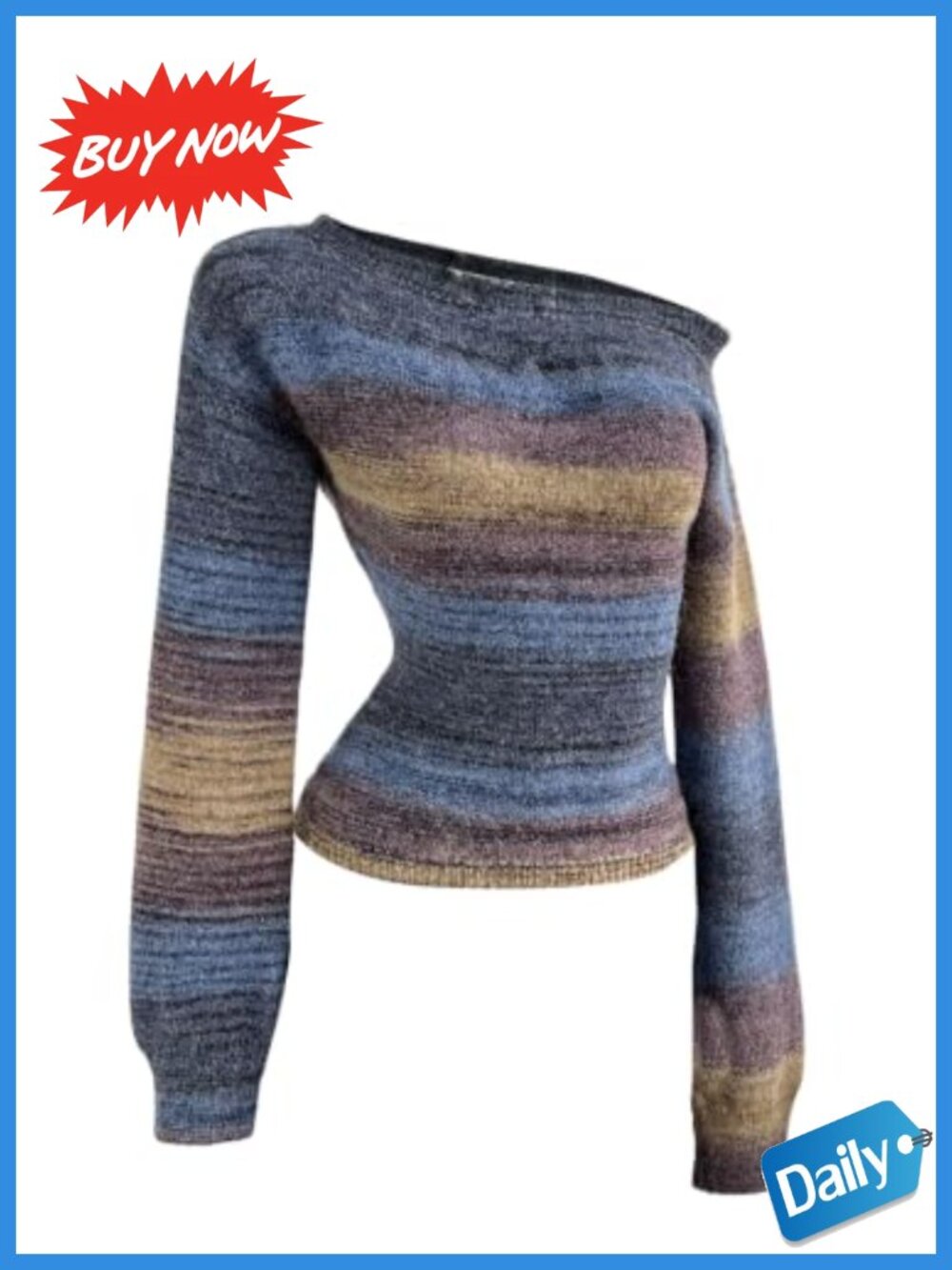 Fuzzy Striped Off Shoulder Bishop Sleeve Knit Pullover Sweater Chic